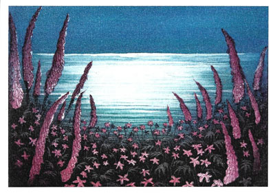 Illustration of tall pink flowers and smaller blooms by a reflective body of water under a blue sky.