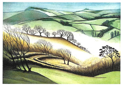 Pastoral landscape painting of rolling green hills, trees, and fields under a blue sky.