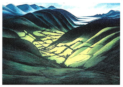 Valley with patchwork fields surrounded by blue-green rolling mountains under a blue sky.