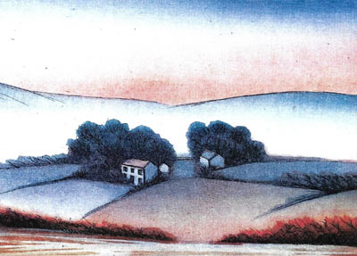 Watercolor landscape of countryside with small houses, trees, fields, and a soft sunset sky.