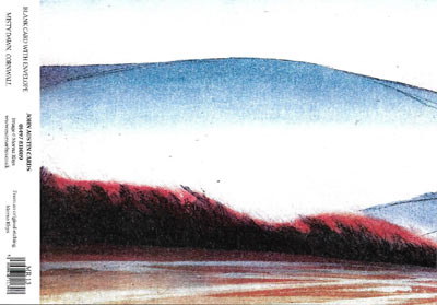 Abstract landscape artwork with blue sky and reddish-brown hills or mountains along the horizon.