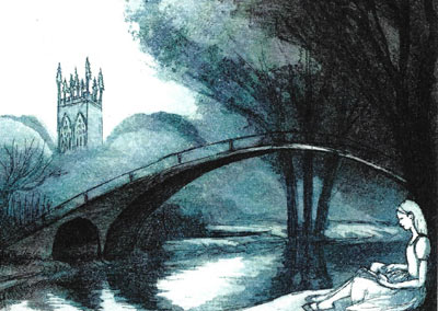 A woman sitting by a riverbank near a stone bridge with a distant church tower in the background.