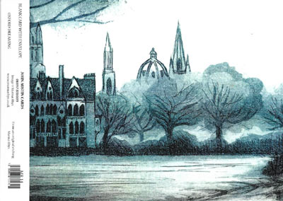 Ink and watercolor illustration of gothic buildings and trees beside a water body.
