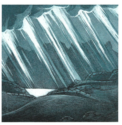 Illustration of sunlight beams shining through clouds over a dark mountainous landscape.