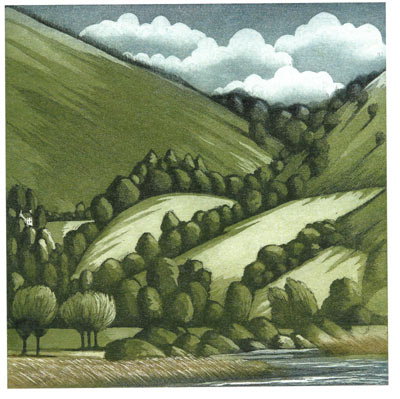 Illustration of green hills with clusters of trees beside a body of water under a cloudy sky.