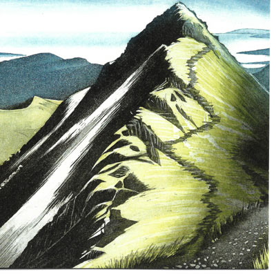 Drawing of a mountain ridge with steep slopes and contrasting light and shadows.
