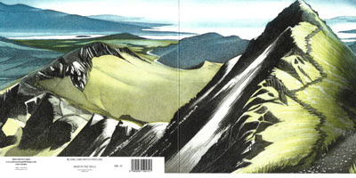 Illustration of rugged mountain peaks with green slopes under a blue sky with distant hills.