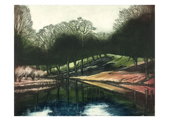 Painting of bare trees around a calm river reflecting the landscape on a cloudy day.