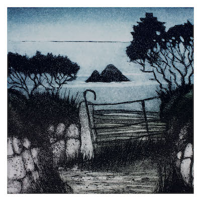 Wooden gate and stone path framed by trees with distant rocky island on calm water under sky.