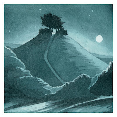 Hill with a path leading to a group of trees against a night sky with a full moon and stars.