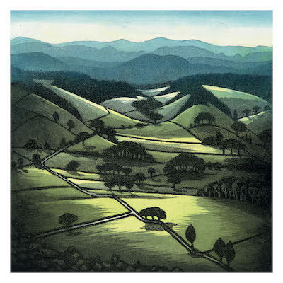Rolling green hills with scattered trees and winding paths under a pale blue sky.