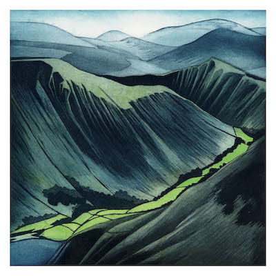 Painting of green valley nestled between steep, dark blue and green mountain ridges under a pale sky.