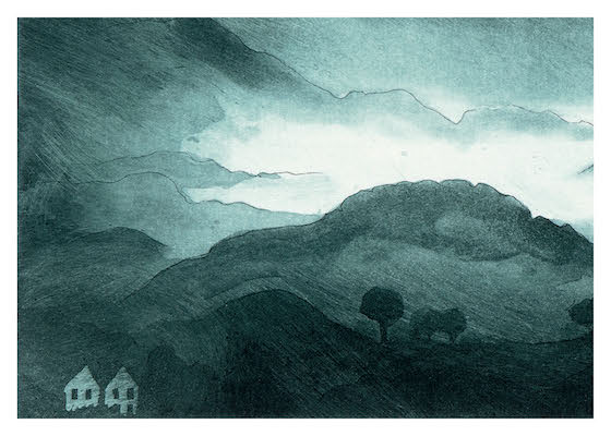Dark teal watercolor landscape with hills, trees, and two small houses in the bottom left corner.