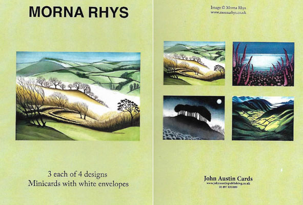 Set of four landscape art notecards by Morna Rhys showing hills, trees, and water scenes.