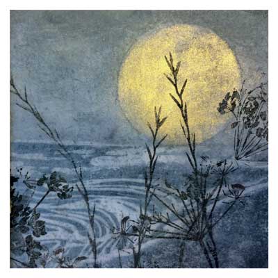 Silhouetted plants in front of a large glowing full moon with a textured blue-gray night sky.