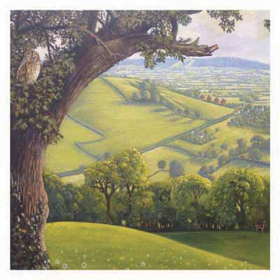 Landscape view of green rolling hills with trees, an owl perched on a large tree, and distant hills.