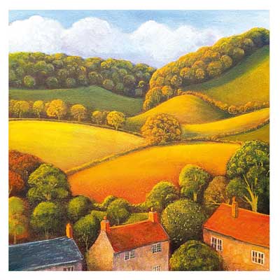Painting of a countryside scene with rolling autumn hills and houses with red roofs among trees.