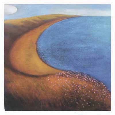 Curved shoreline with brown grasses meeting a calm blue body of water under a pale sky.