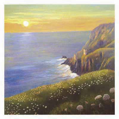 Sunset over calm ocean with cliffs and wildflowers in foreground.