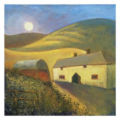 Painting of a rural house with hills in the background and a bright sun or moon in the sky.