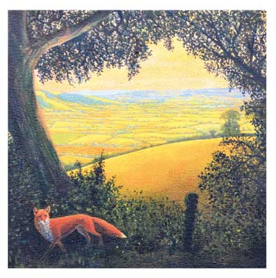 Red fox standing in shaded woodland foreground with sunlit rolling hills landscape in background.