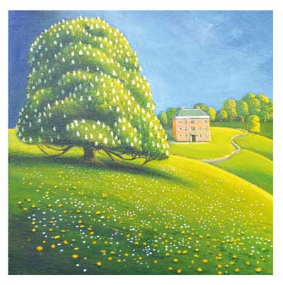 Large tree with white flowers on a green hill with yellow flowers, a country house, and blue sky.
