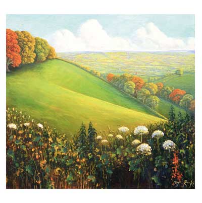 Painting of rolling green hills with autumn trees and white wildflowers in the foreground under a cloudy sky.