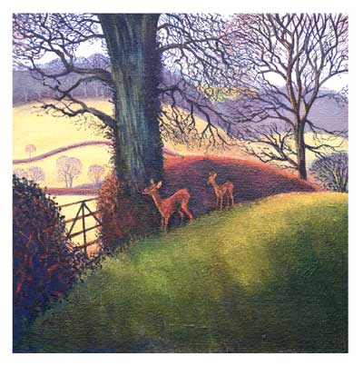 Two deer standing near a large tree in a softly colored rural landscape at dawn or dusk.
