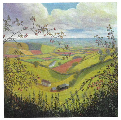 Colorful countryside landscape with rolling hills, patchwork fields, small houses, and cloudy sky.