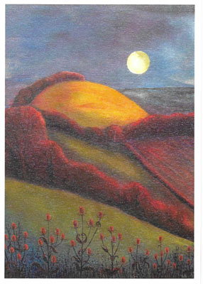 Night landscape with yellow moon over orange-lit hill and red bushes in foreground.