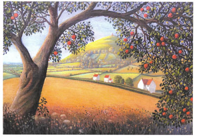 Orchard tree with red apples overlooking a yellow field and rolling hills with houses.
