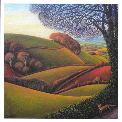 Rolling hills with trees, bushes, and a fox standing under a large tree in the foreground.