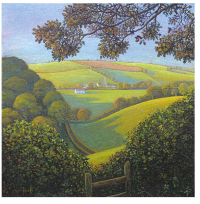 Pastoral landscape with rolling green hills, a white farmhouse, trees, and a clear sky.