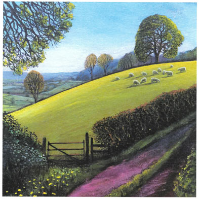 A countryside scene with sheep grazing on a green hill, trees, a wooden gate, and a dirt path.