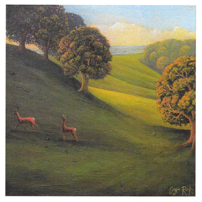 Painting of deer grazing on a green hillside with trees and a blue sky with clouds.