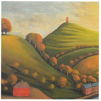 Painting of green rolling hills with trees and two houses, one red and one blue, under a cloudy sky.