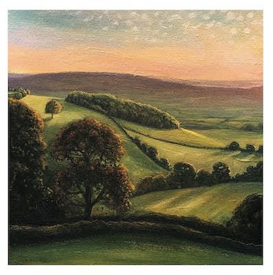 Painting of rolling green hills with trees under a soft orange and blue sky at sunset.