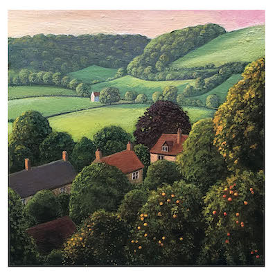 Painting of a green countryside with houses surrounded by trees and rolling hills at sunset.