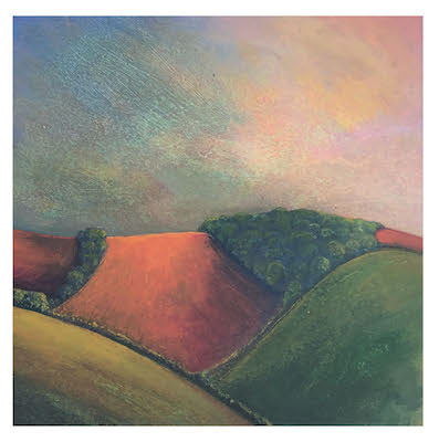 Abstract landscape painting with rolling hills in green, orange, and yellow under a multi-colored sky.