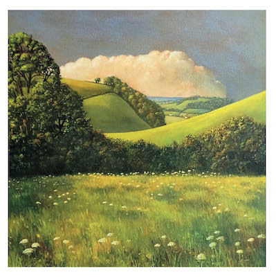 Green rolling hills with trees under a partly cloudy sky and a field dotted with small white flowers.
