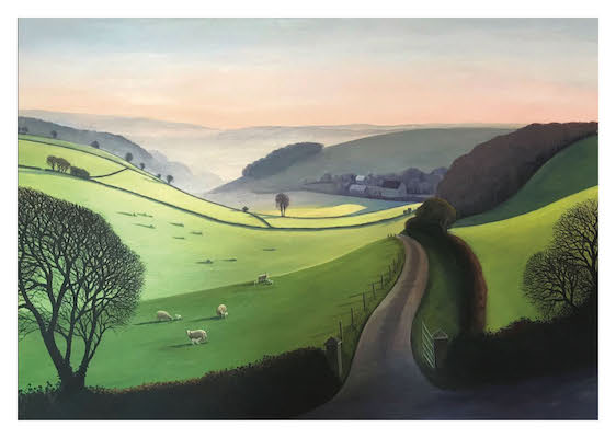 Sunlit rolling green hills with sheep grazing and a winding road leading to distant farmhouses at sunrise.