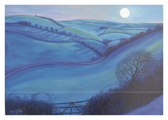 Painting of moonlit rolling hills with bare tree and a gate in the foreground.