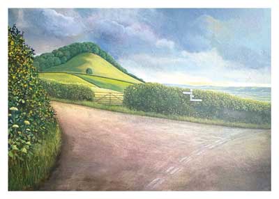 Country road fork with hedges, green hills, and cloudy sky in countryside landscape painting.