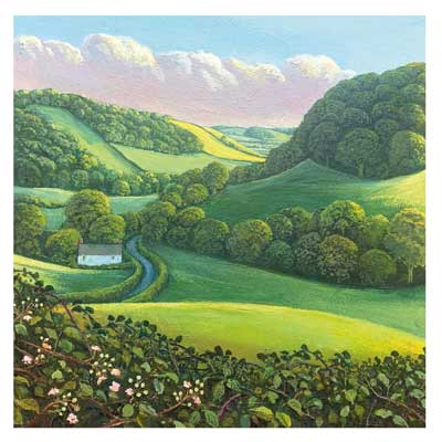 Rolling green hills with trees, a small white house by a winding river under a partly cloudy sky.