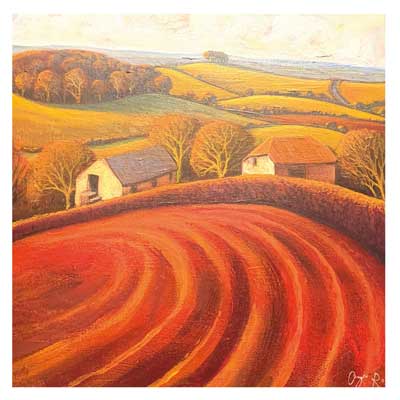 Painting of a red plowed field and two farmhouses with autumn trees and rolling hills in the background.