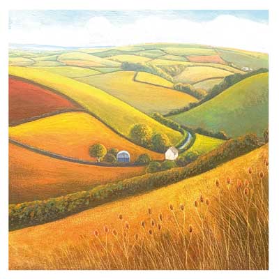 Painting of rolling countryside hills with fields, a winding road, trees, and two small houses.