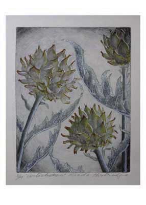 Artistic depiction of three artichokes with stems and leaves on a textured background.
