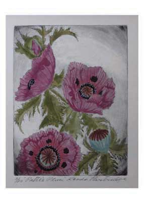 Painting of three pink flowers with green leaves on a gray background.