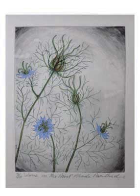 Artistic drawing of delicate blue flowers with thin green stems and branches on gray background.