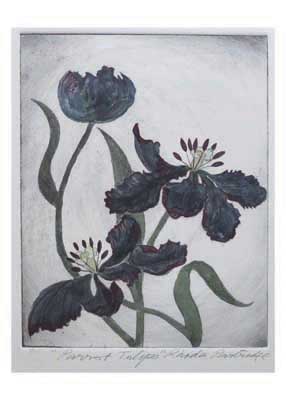 Monochrome botanical illustration of dark tulip flowers with green stems and leaves on a light background.